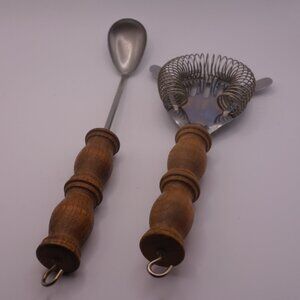 Vintage Cocktail Strainer and Stirring Spoon with Wood Handle and Hook